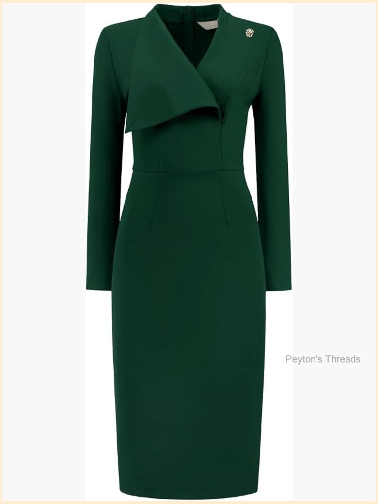 Elegant Pencil Dress Lapel V Neck Long Sleeve Sheath Midi Work Dress